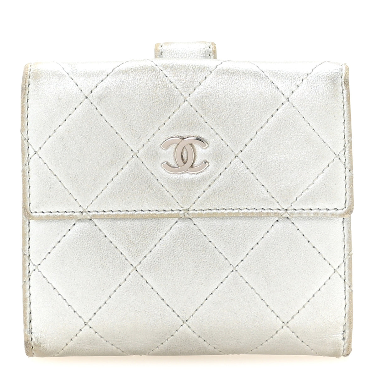 Metallic Lambskin Quilted Compact French Flap Wallet Silver