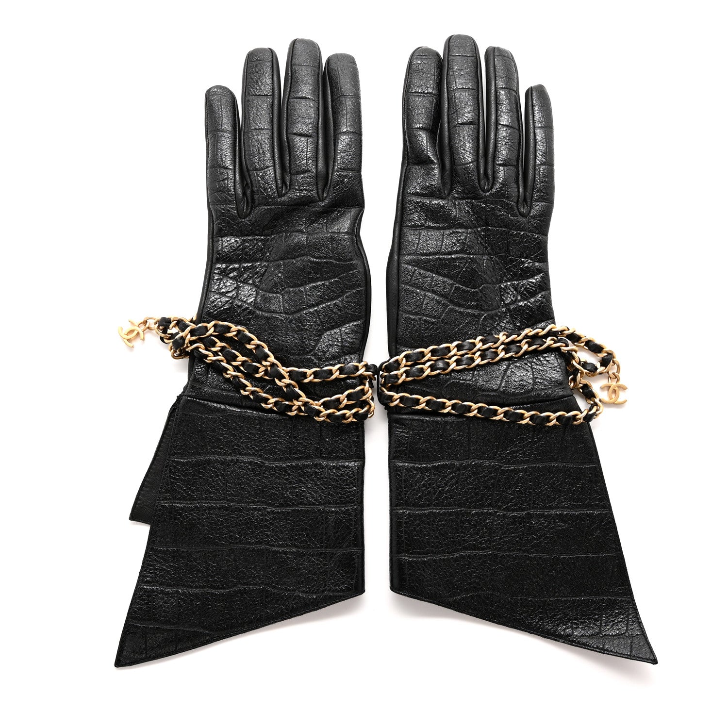 Chanel Lambskin Crocodile Embossed Chain Gloves 7.5 Black 1 of 6
