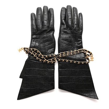 Chanel Lambskin Crocodile Embossed Chain Gloves 7.5 Black 1 of 6