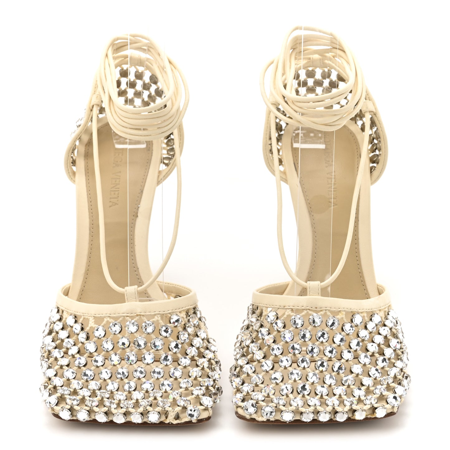 Mesh Nappa Crystal Embellished Sparkle Stretch Ankle Tie 90mm Sandals 36 White