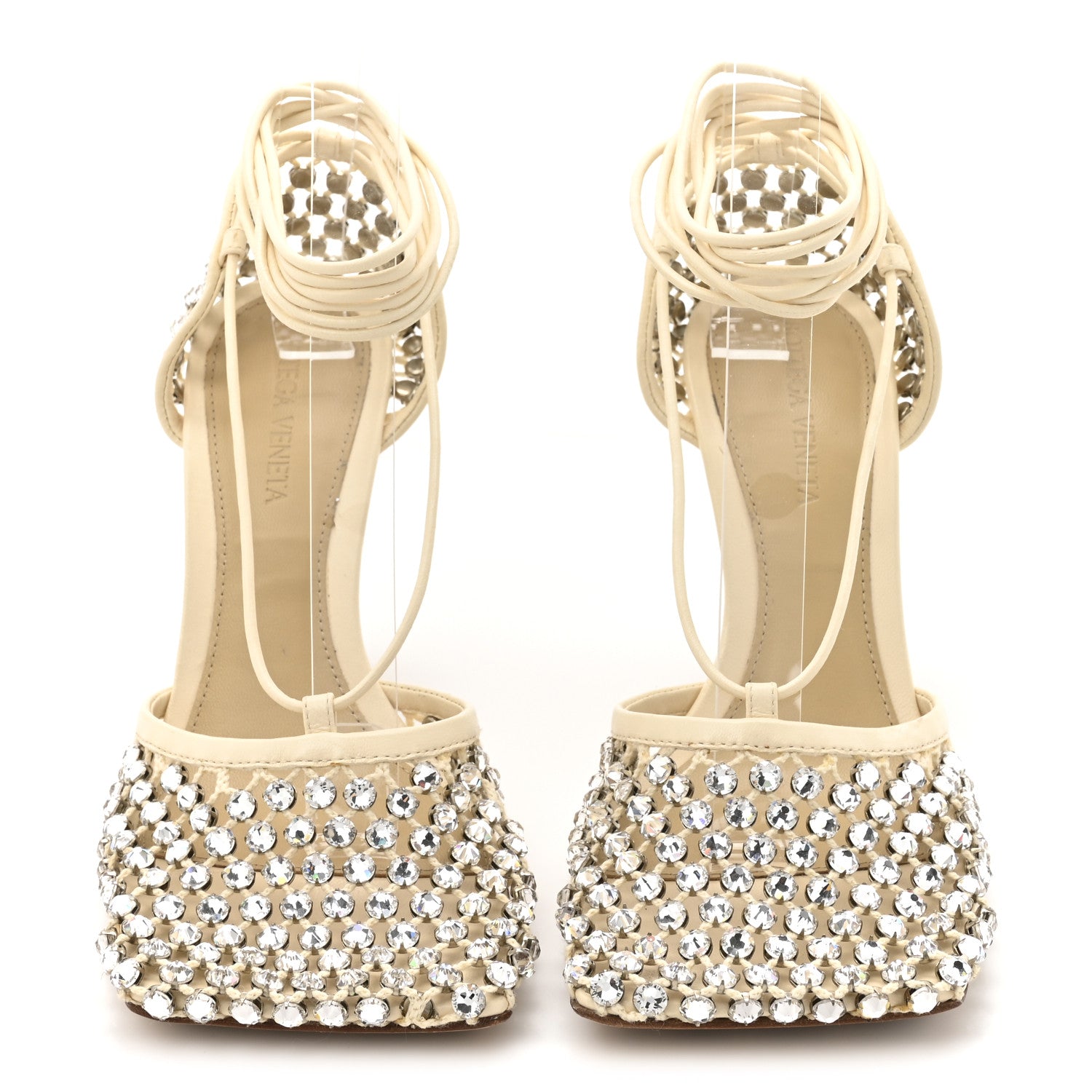 Bottega Veneta Mesh Nappa Crystal Embellished Sparkle Stretch Ankle Tie 90mm Sandals 36 White 3 of 12