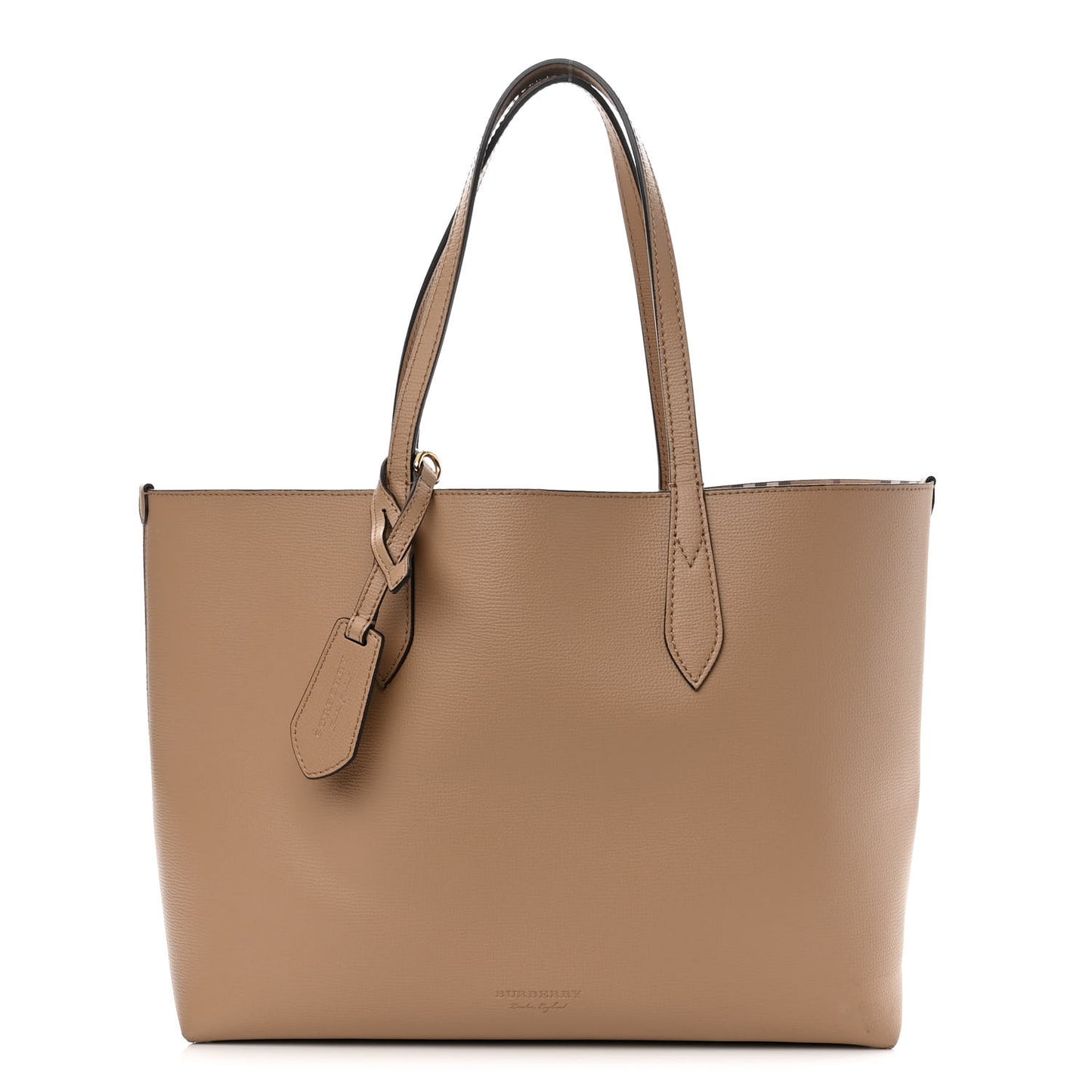 Grainy Calfskin Haymarket Check Medium Reversible Tote Camel