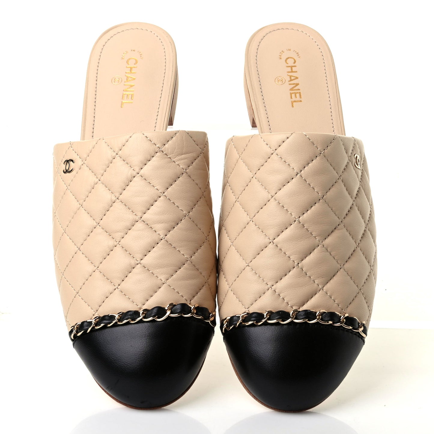 Lambskin Quilted Chain Mules 40 Beige Black