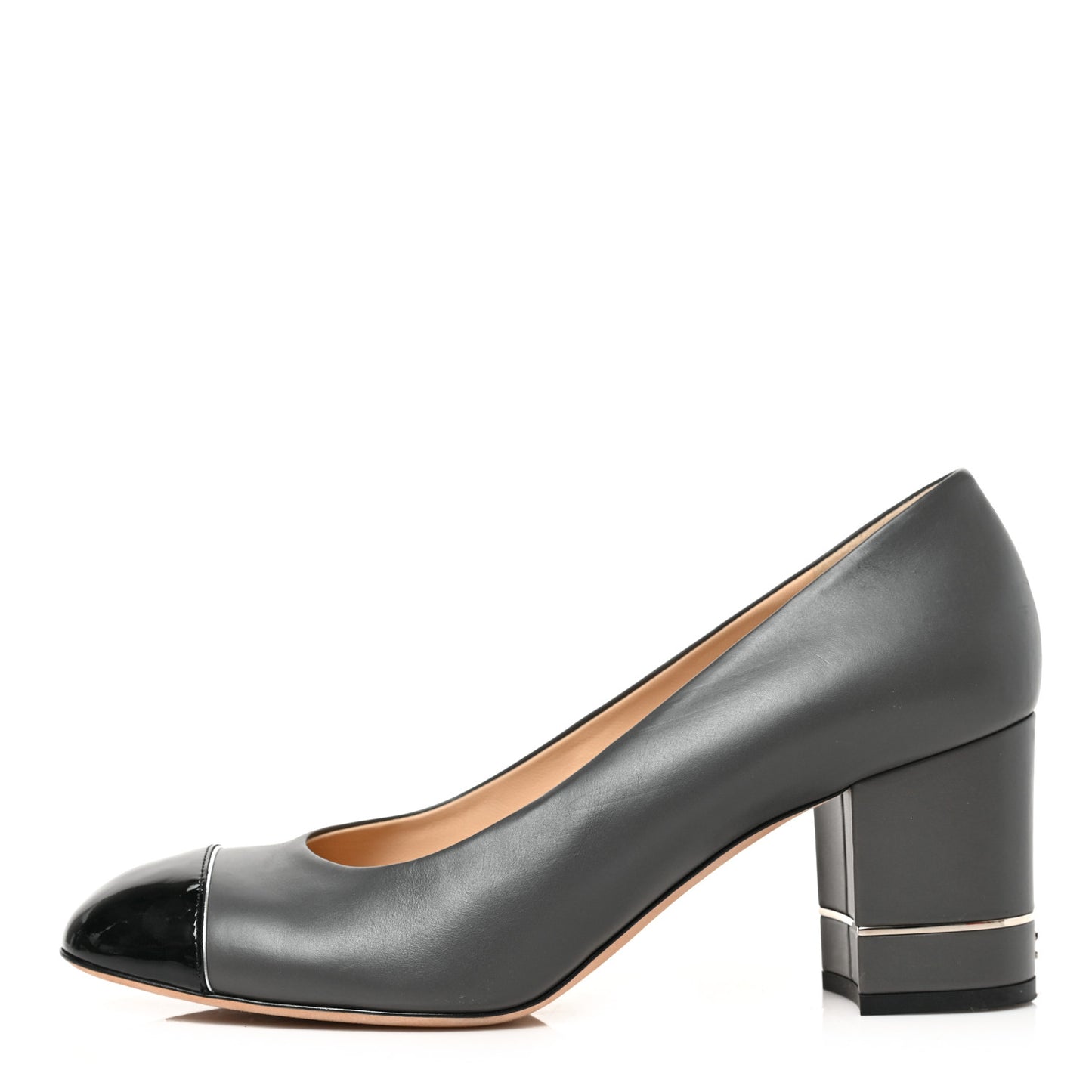 Lambskin Patent Cap Toe Pumps 41 Gey Black