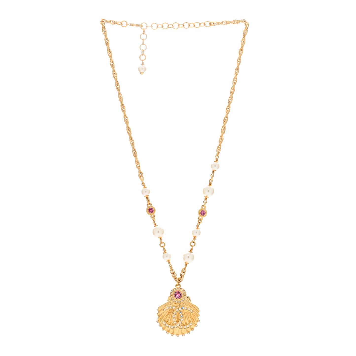 Metal Pearl Crystal CC Shell Necklace Gold Pink Multicolor