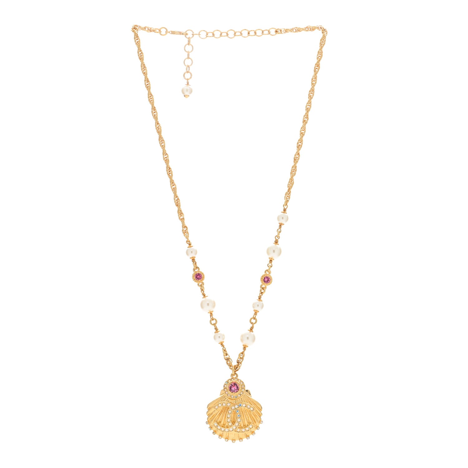 Chanel Metal Pearl Crystal CC Shell Necklace Gold Pink Multicolor 2 of 5