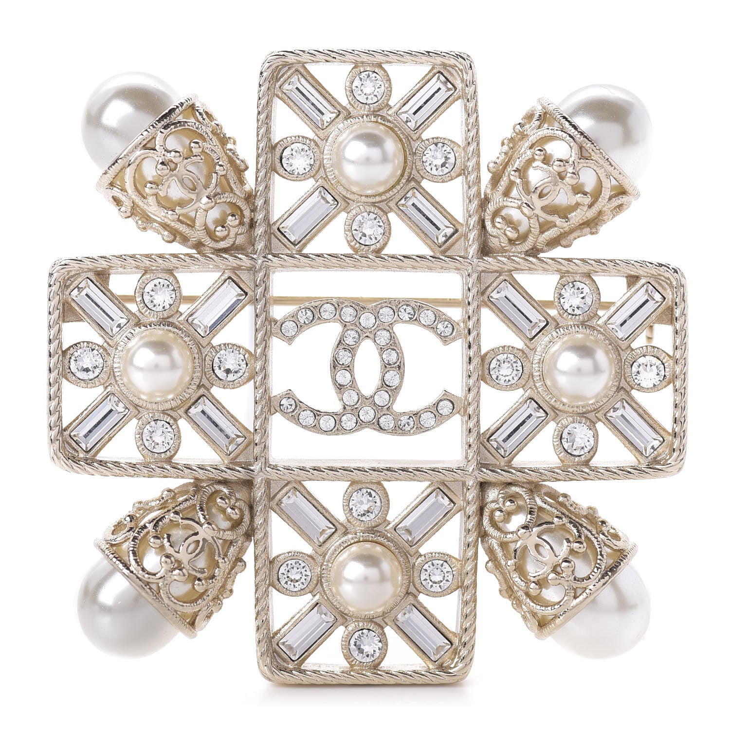 Chanel Pearl Baguette Crystal Sparkling Pearls CC Brooch White Light Gold 1 of 4