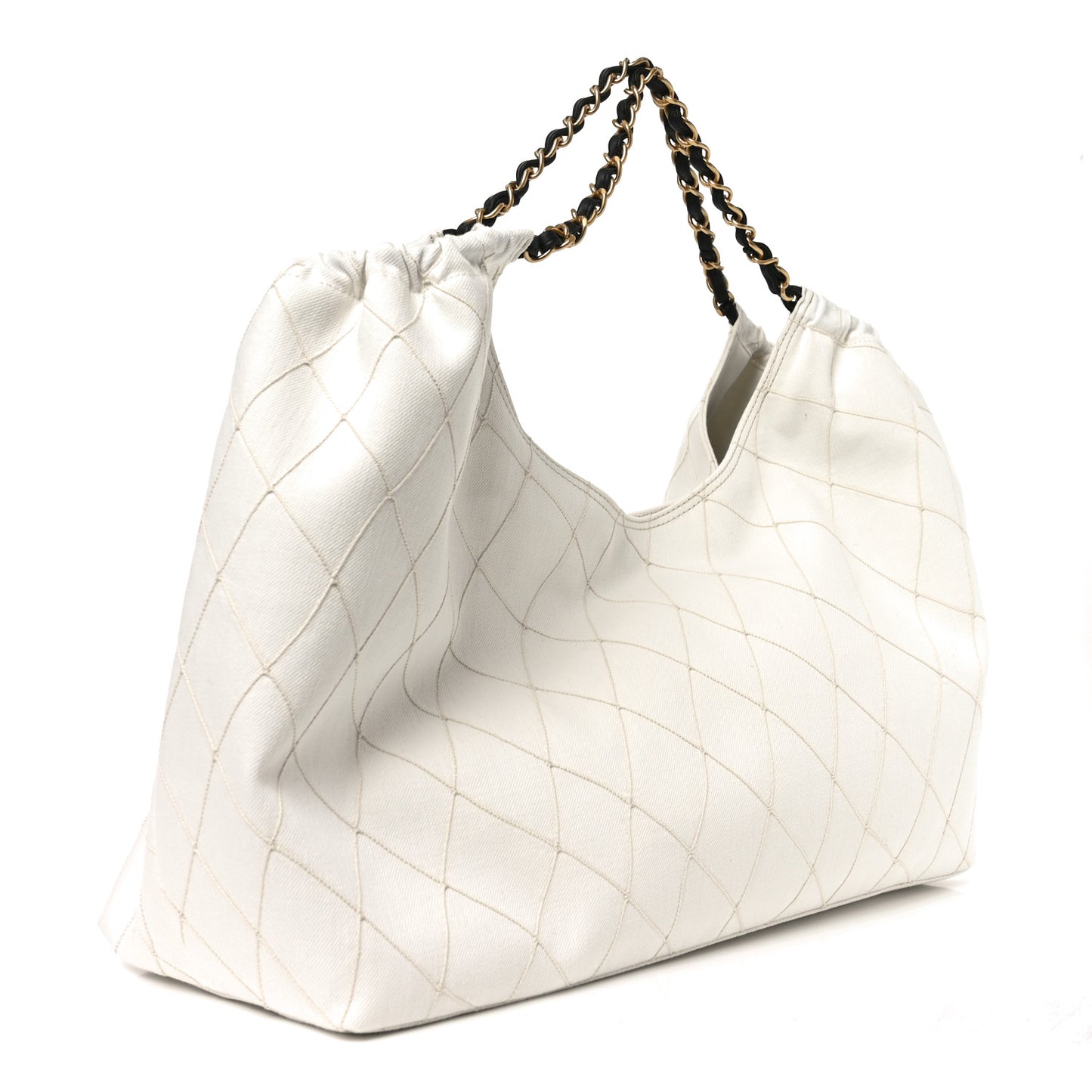 Denim Calfskin Quilted Coco Beach Small Shopping Tote White Black