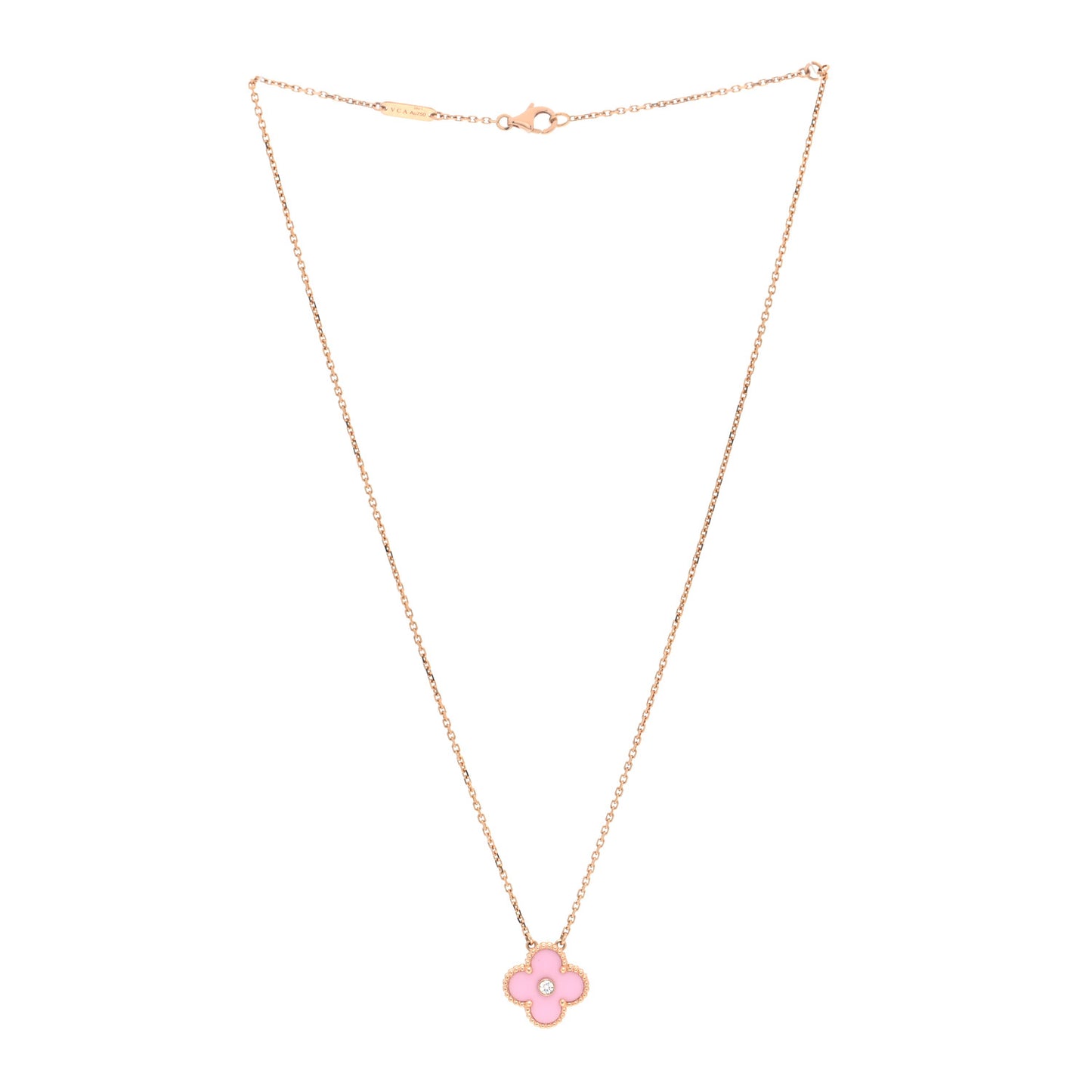 18K Rose Gold Diamond Pink Porcelain Vintage Alhambra Pendant Necklace