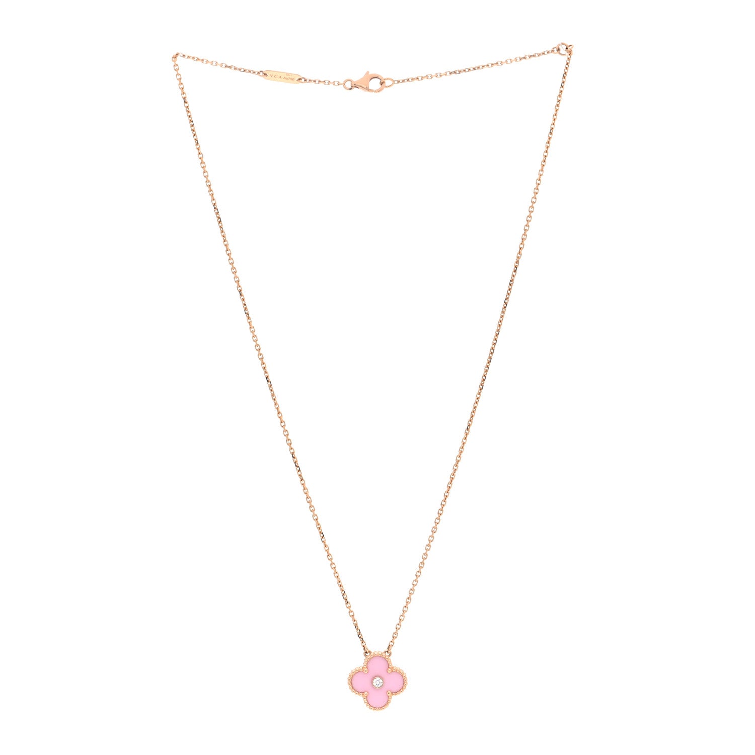 Van Cleef & Arpels 18K Rose Gold Diamond Pink Porcelain Vintage Alhambra Pendant Necklace 3 of 5