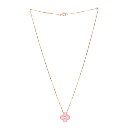 Van Cleef & Arpels 18K Rose Gold Diamond Pink Porcelain Vintage Alhambra Pendant Necklace 3 of 5