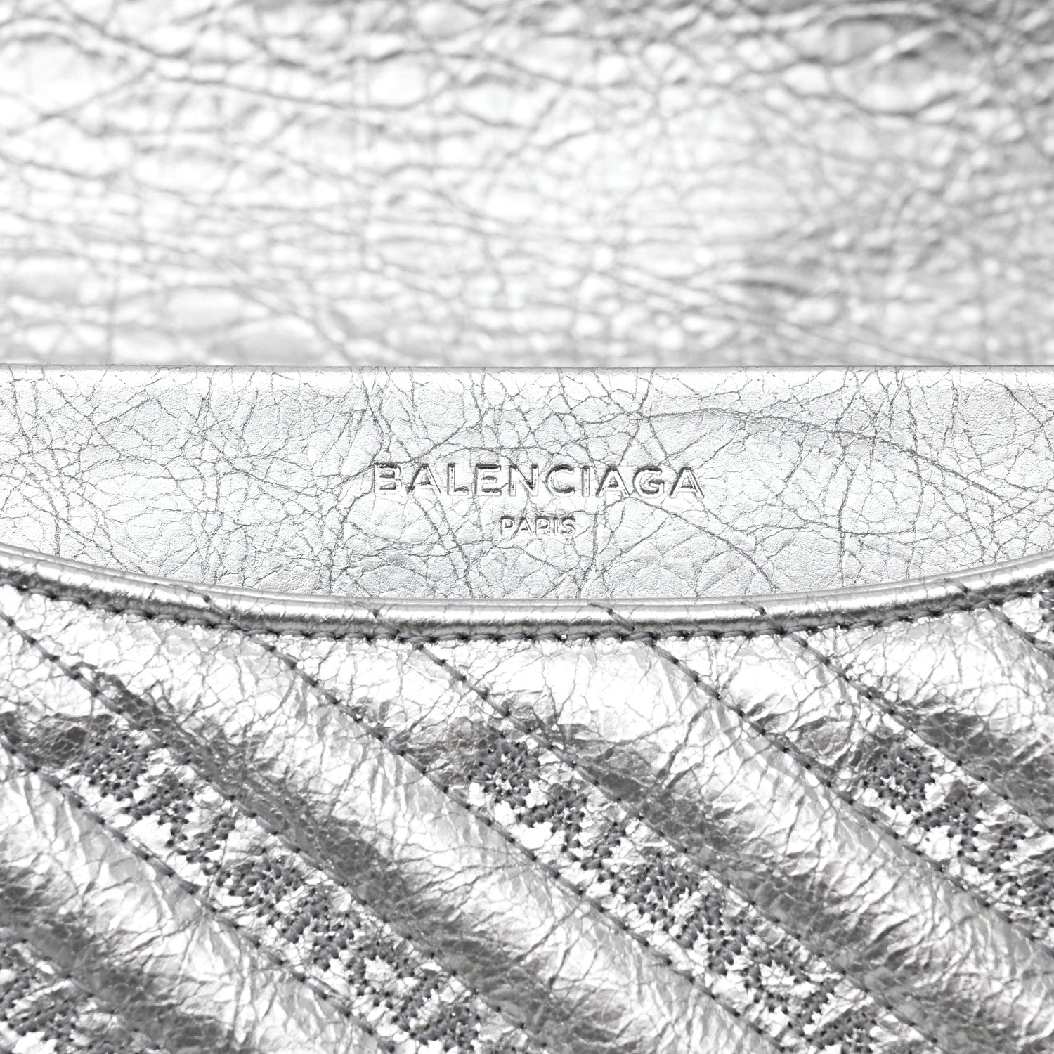 Balenciaga Metallic Arena Calfskin Logo Matelasse Large BB Flap Chain Shoulder Bag Argent 6 of 9