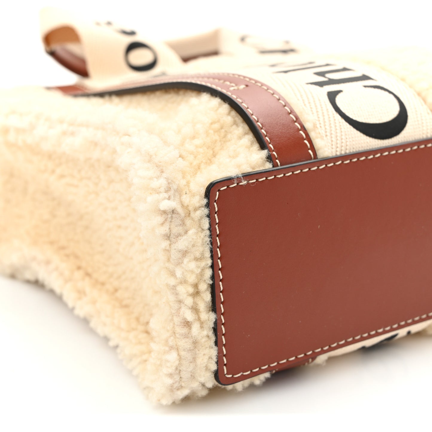 Shearling Calfskin Small Woody Ribbon Tote With Strap Mild Beige