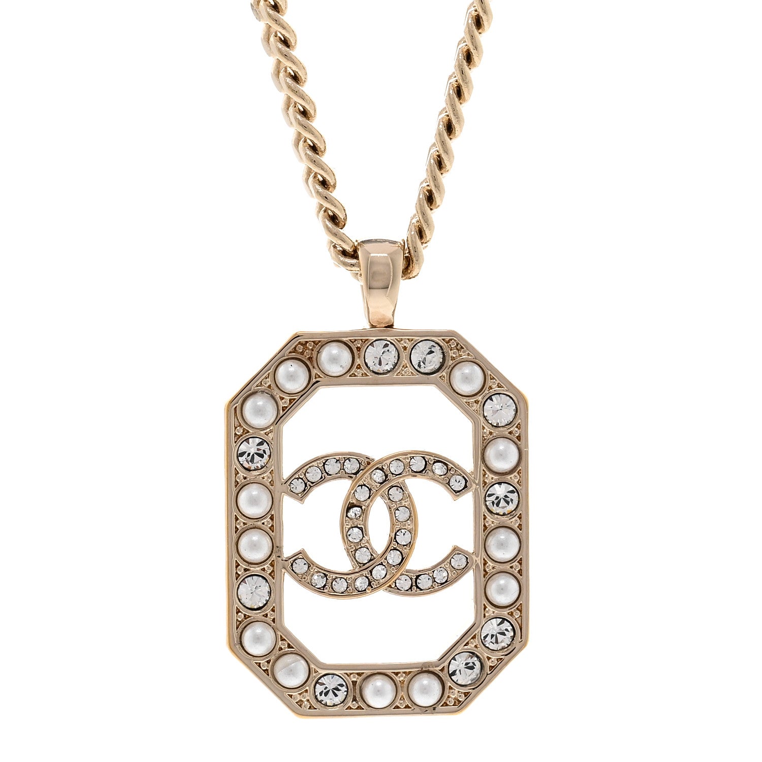 Chanel Crystal Pearl CC Square Pendant Necklace Gold 4 of 5