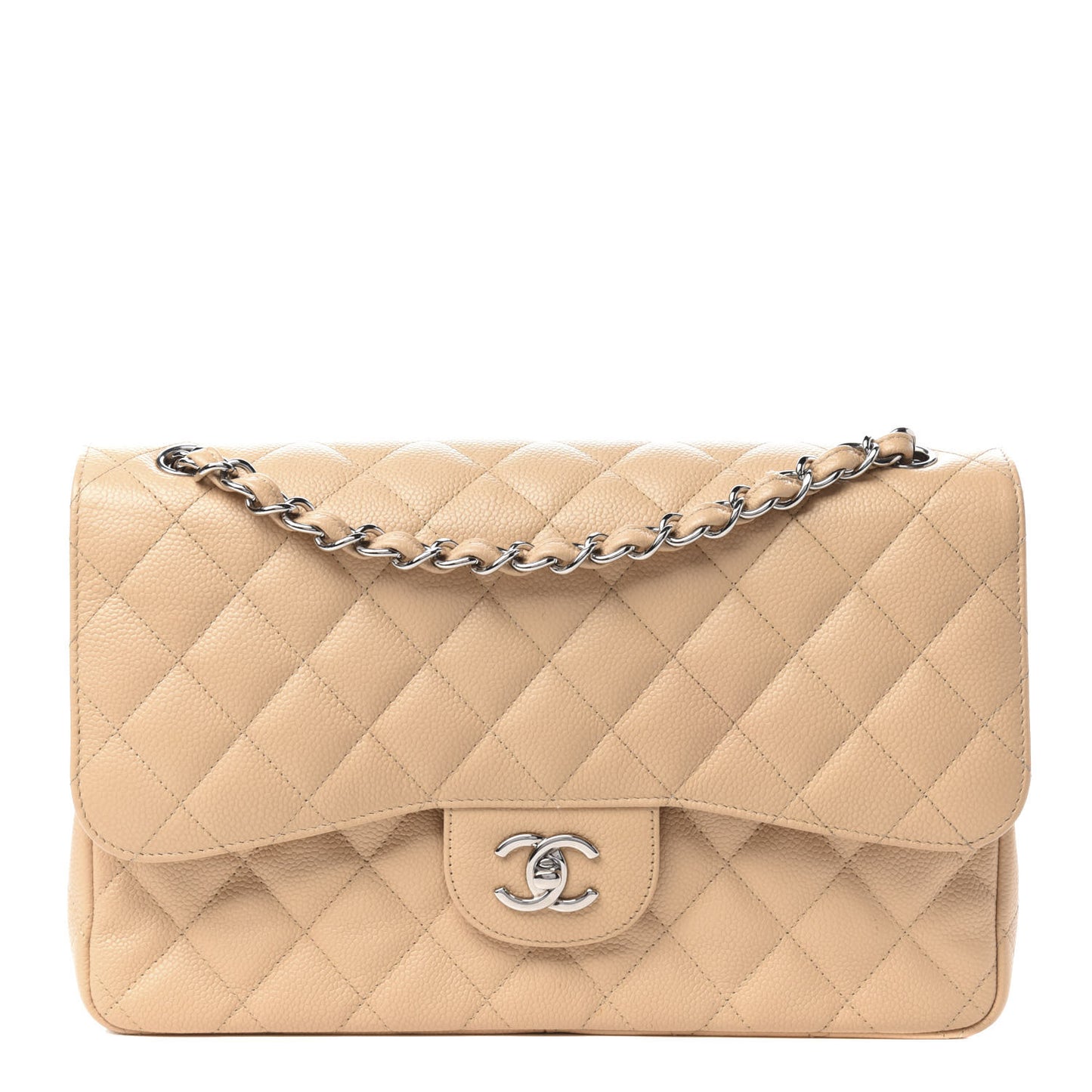 Caviar Quilted Jumbo Double Flap Beige