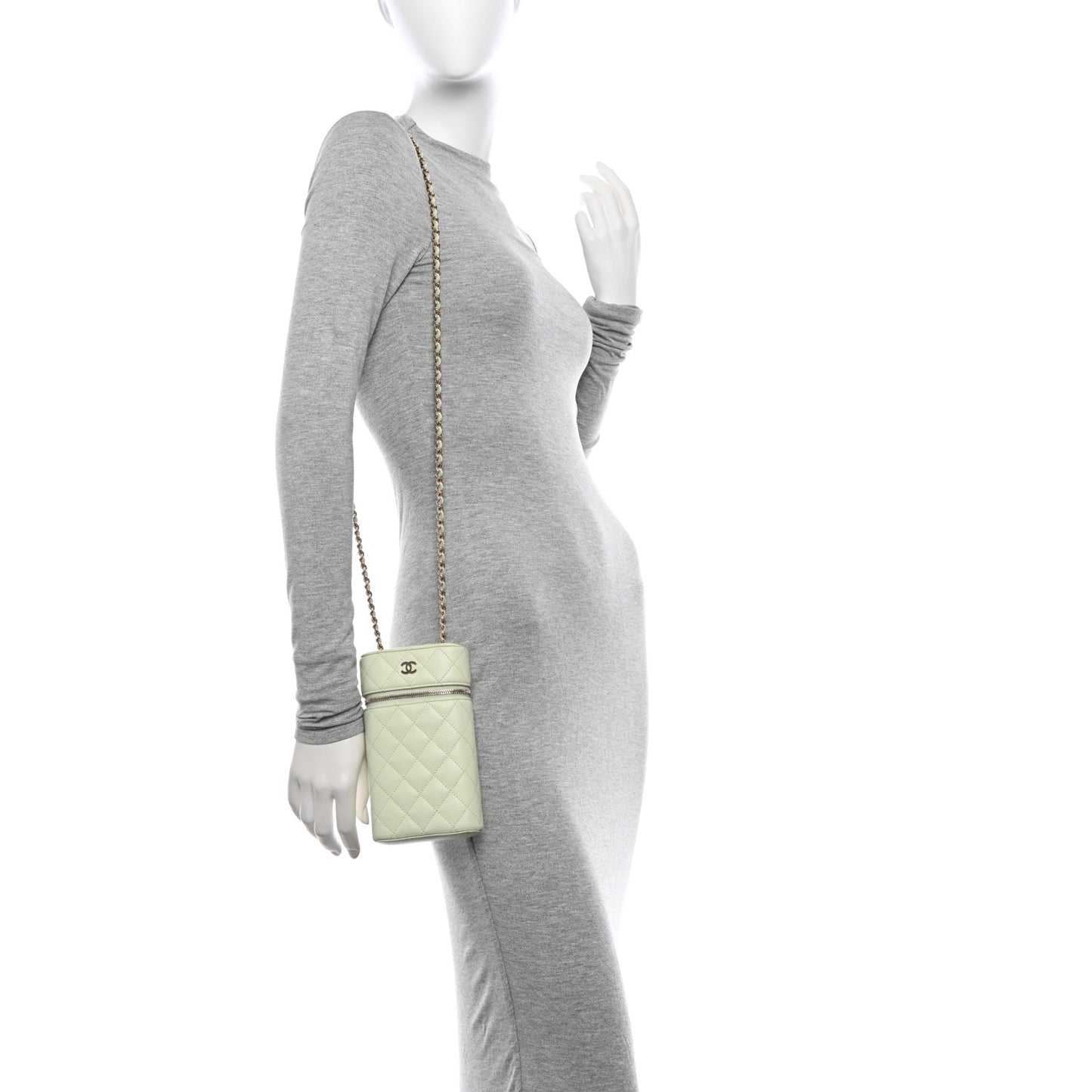 Caviar Quilted Phone Holder With Chain Light Green