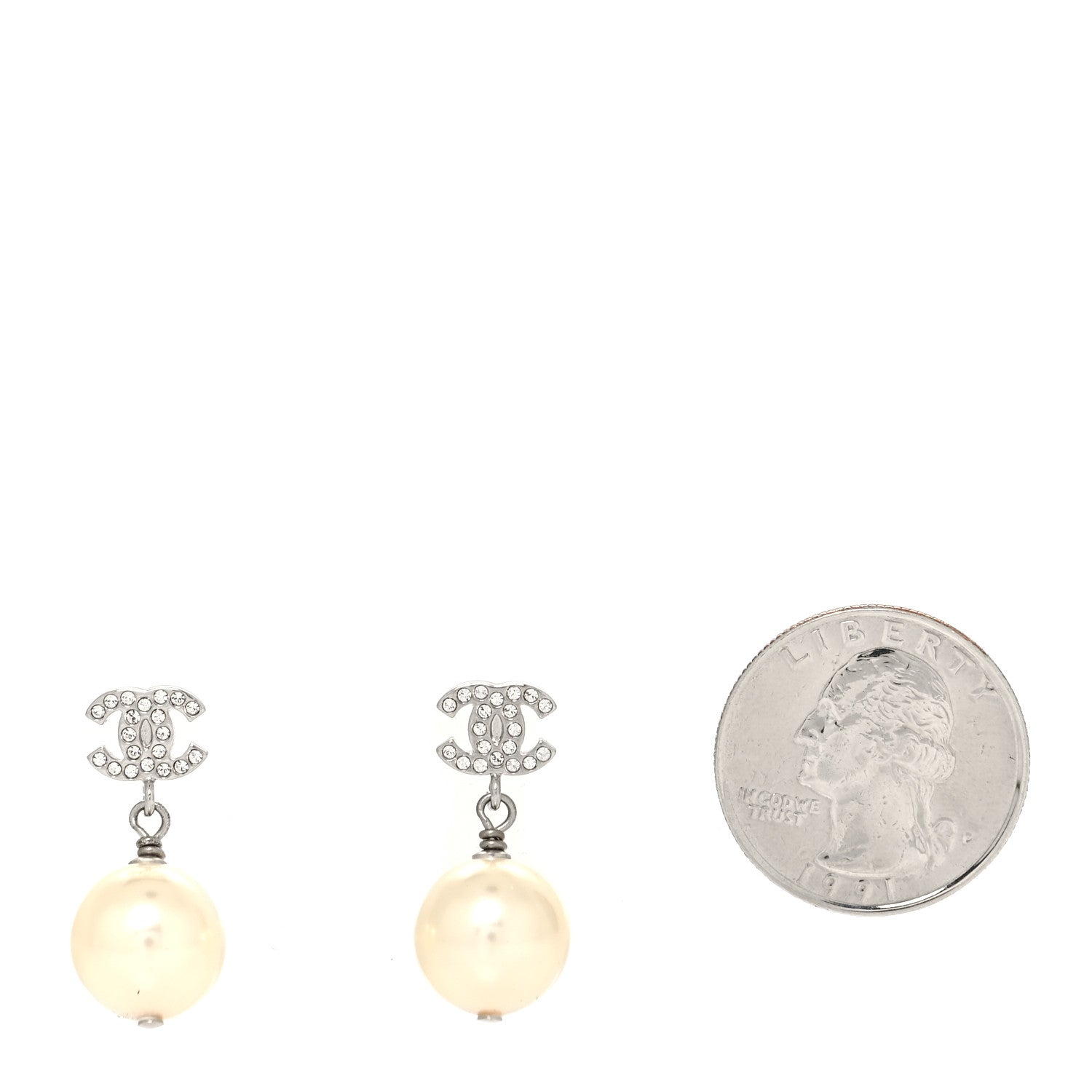 Chanel Crystal Pearl CC Drop Earrings Silver 2 of 4