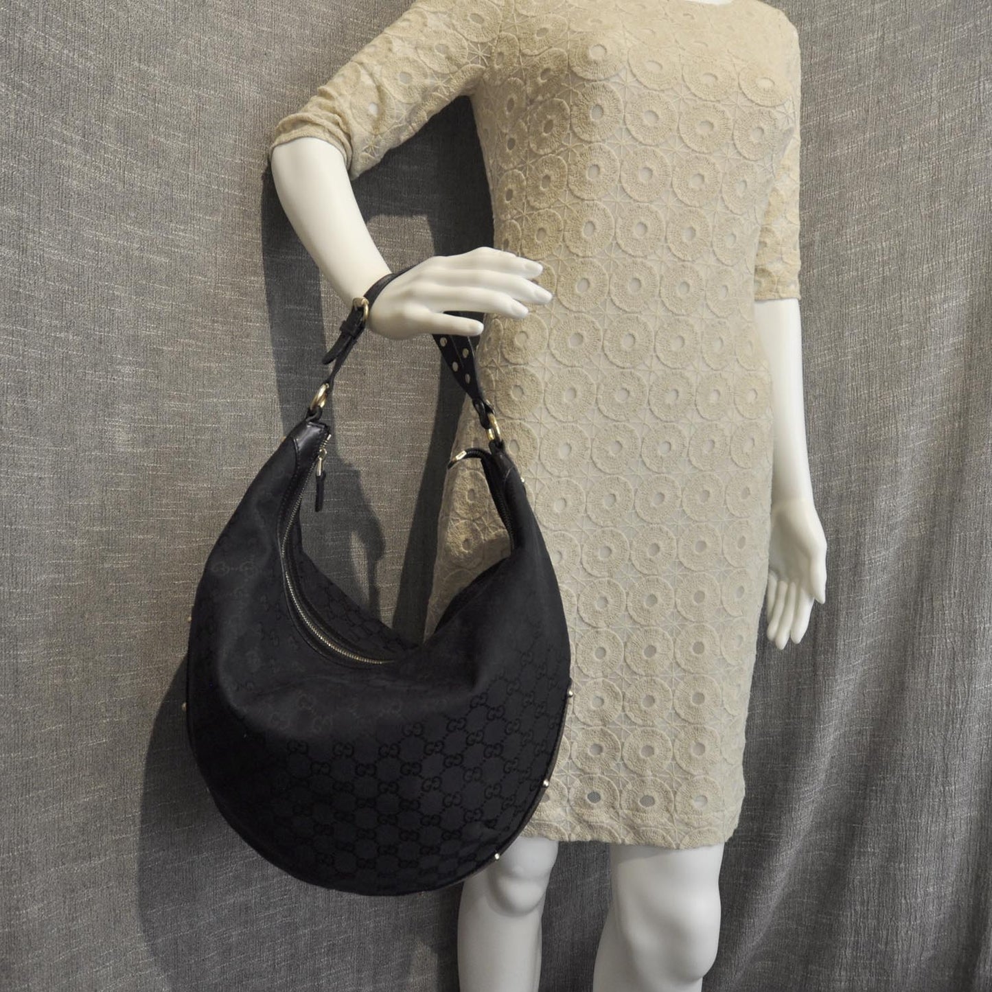 Monogram Large Studded Hobo Black