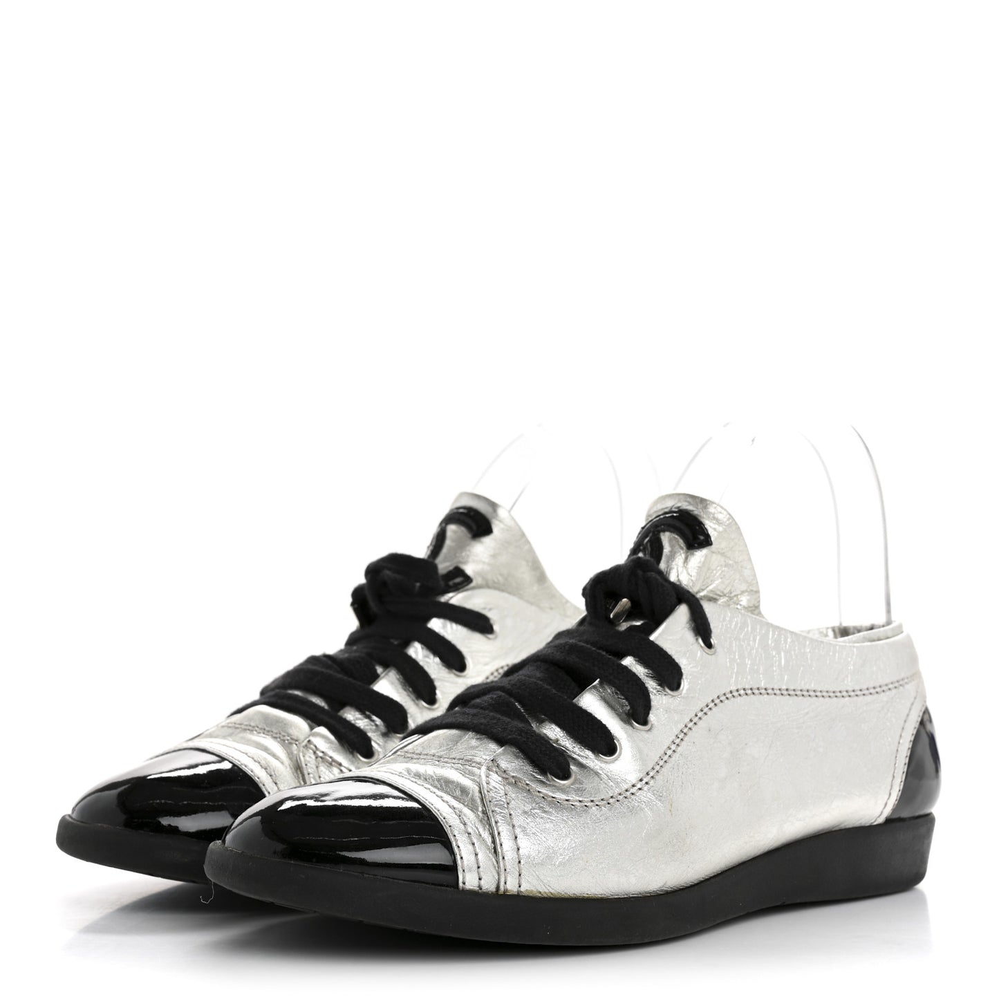Metallic Lambskin Patent Cap Toe CC Sneakers 38.5 Silver Black