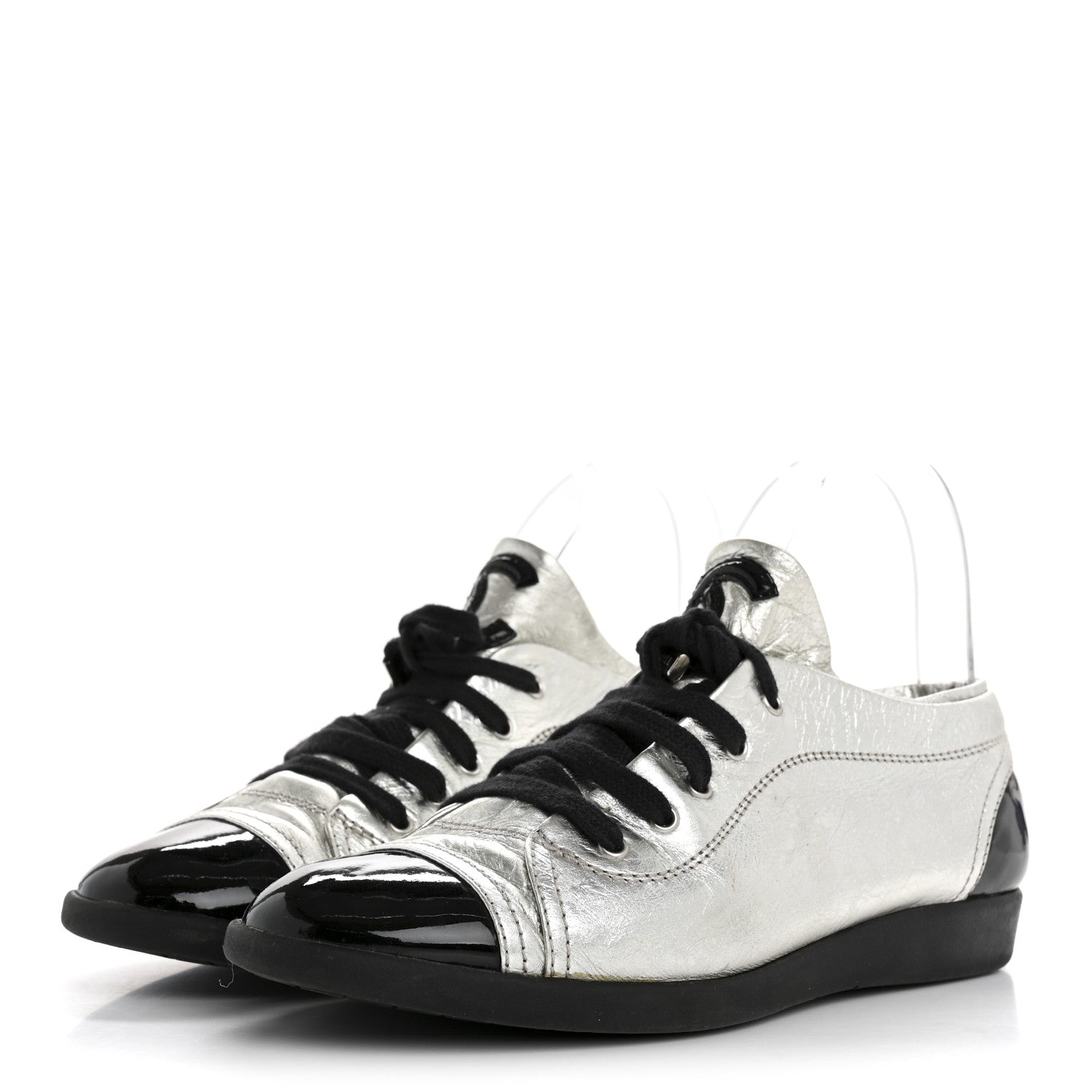 Chanel Metallic Lambskin Patent Cap Toe CC Sneakers 38.5 Silver Black 4 of 12