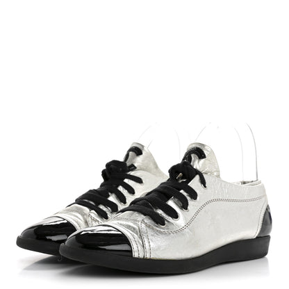 Chanel Metallic Lambskin Patent Cap Toe CC Sneakers 38.5 Silver Black 4 of 12