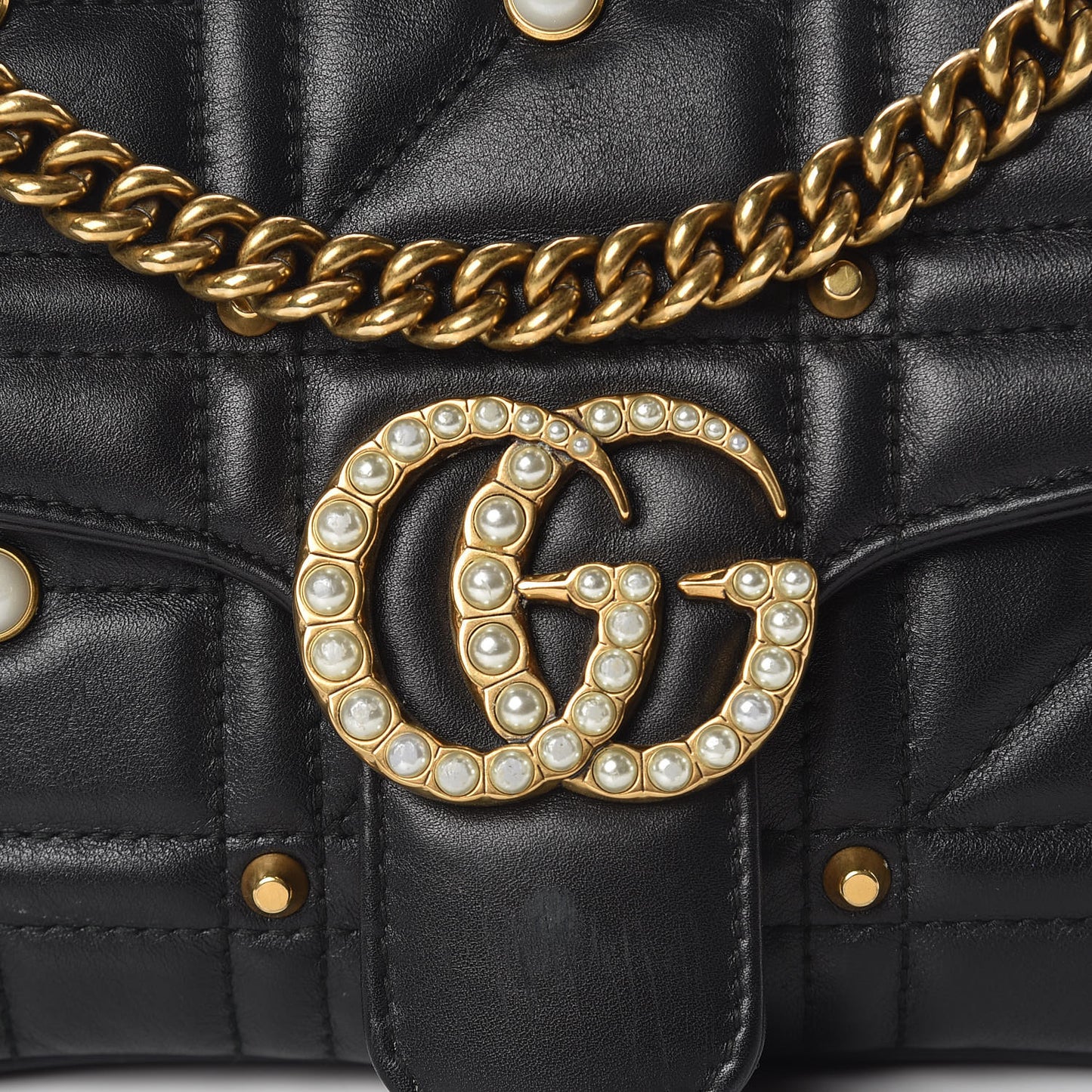 Calfskin Matelasse Studded Small Pearly GG Marmont Shoulder Bag Black