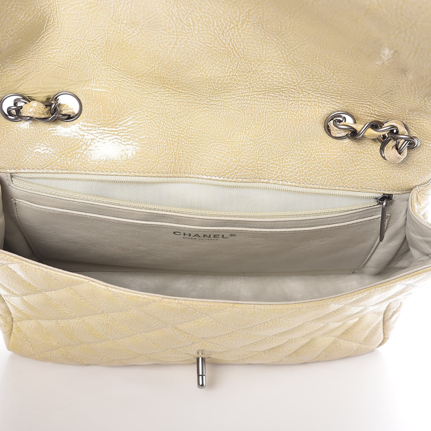 Crinkled Patent Quilted Jumbo Single Flap Light Beige