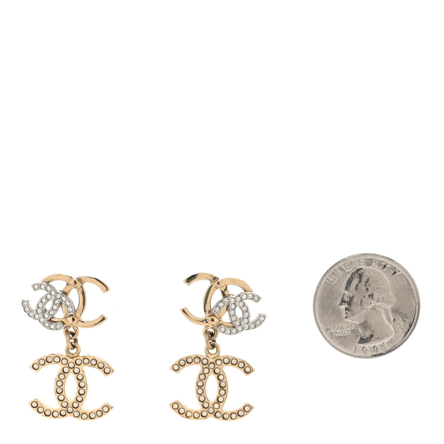 Crystal Pearl Double CC Drop Earrings Gold Silver