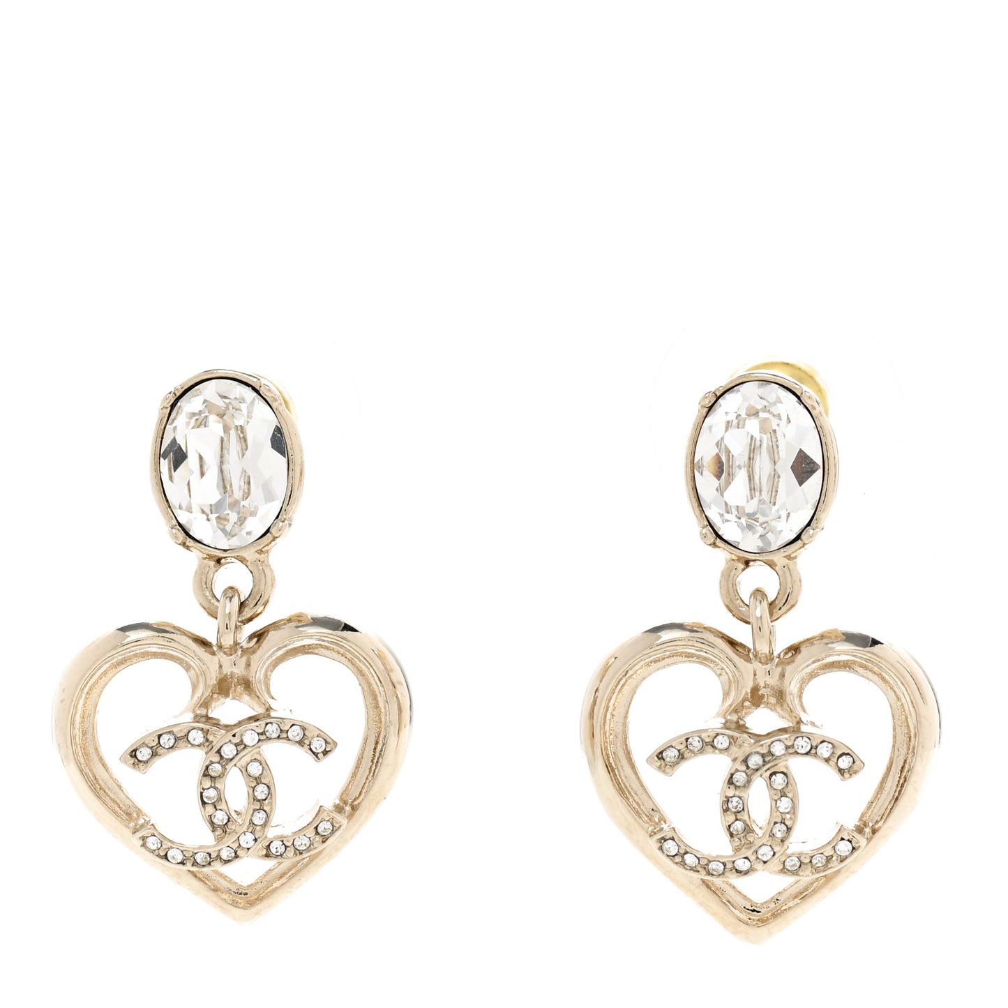 Metal Crystal CC Heart Drop Earrings Gold