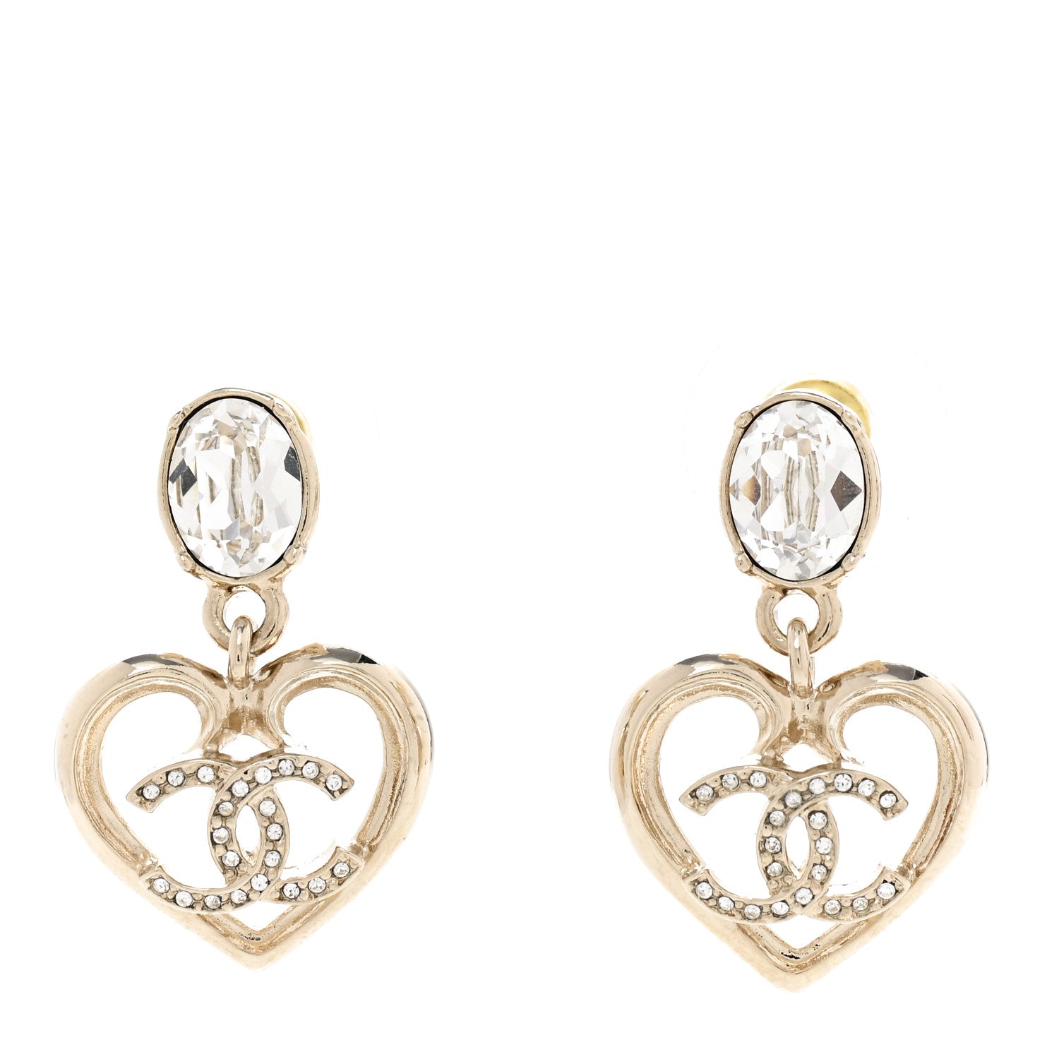 Chanel Metal Crystal CC Heart Drop Earrings Gold 1 of 5