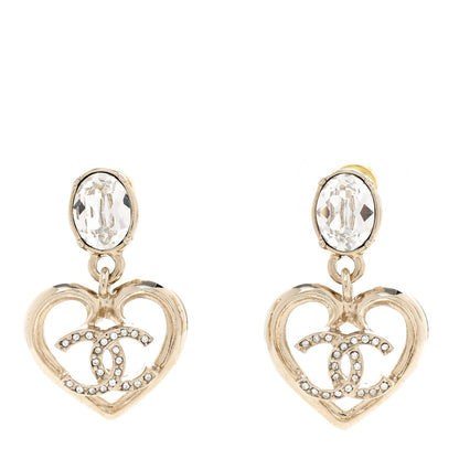 Chanel Metal Crystal CC Heart Drop Earrings Gold 1 of 5