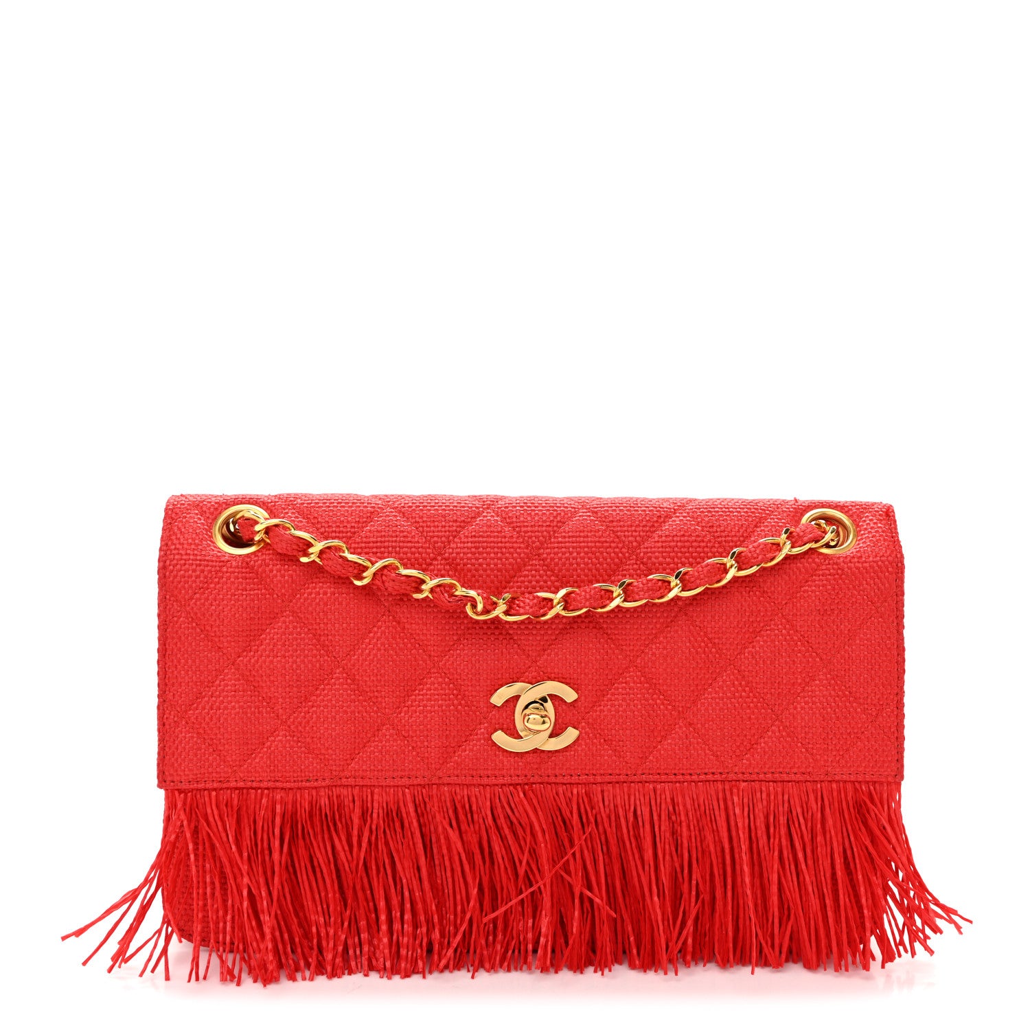 Chanel Woven Raffia Quilted CC Fringe Flap Red 1 of 12