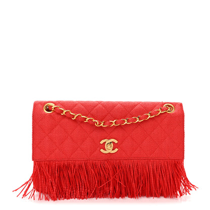 Chanel Woven Raffia Quilted CC Fringe Flap Red 1 of 12