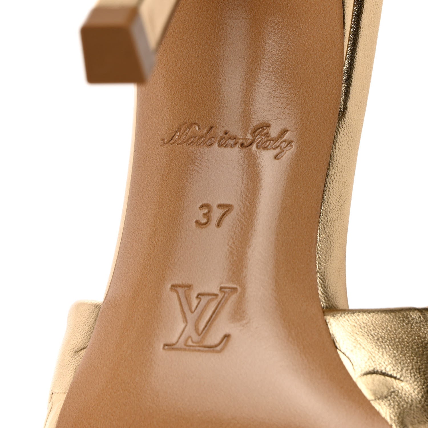 美品✨LOUIS VUITTONモノグラム・ミュール ゴールド金具37 Louis Vuitton Metallic Lambskin Embossed Monogram Revival High