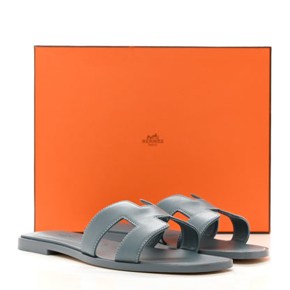 Hermes Box Calfskin Oran Sandals 38 Bleu Pinede 2 of 8