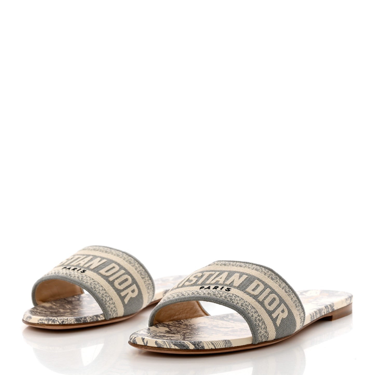 Canvas Toile de Jouy Embroidered Dway Flat Slide Sandals 39.5 Light Grey