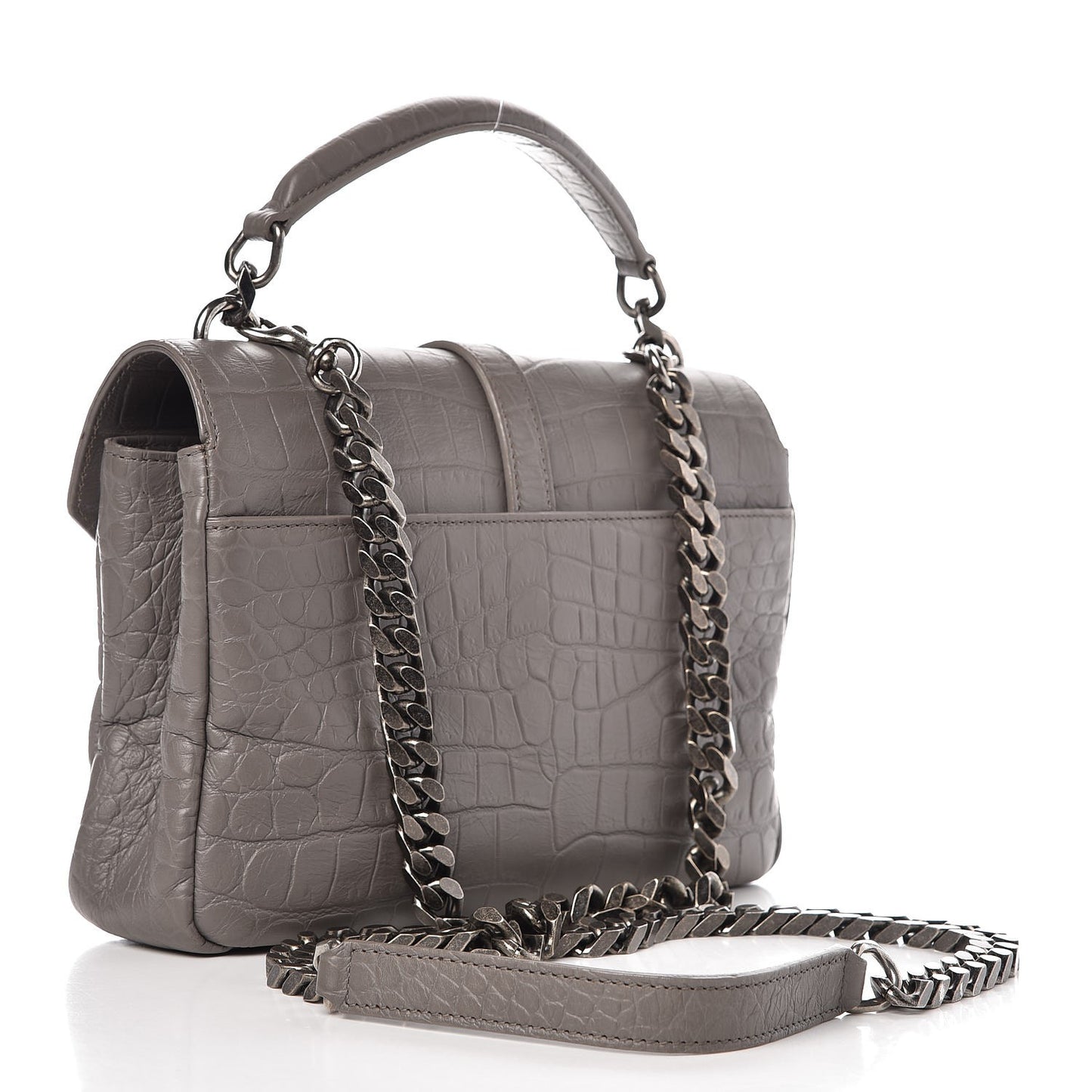 Calfskin Crocodile Embossed Medium College Monogram Satchel Gray