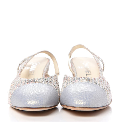 Chanel Tweed Cap Toe CC Slingback Pumps 38.5 Silver Grey 2 of 11