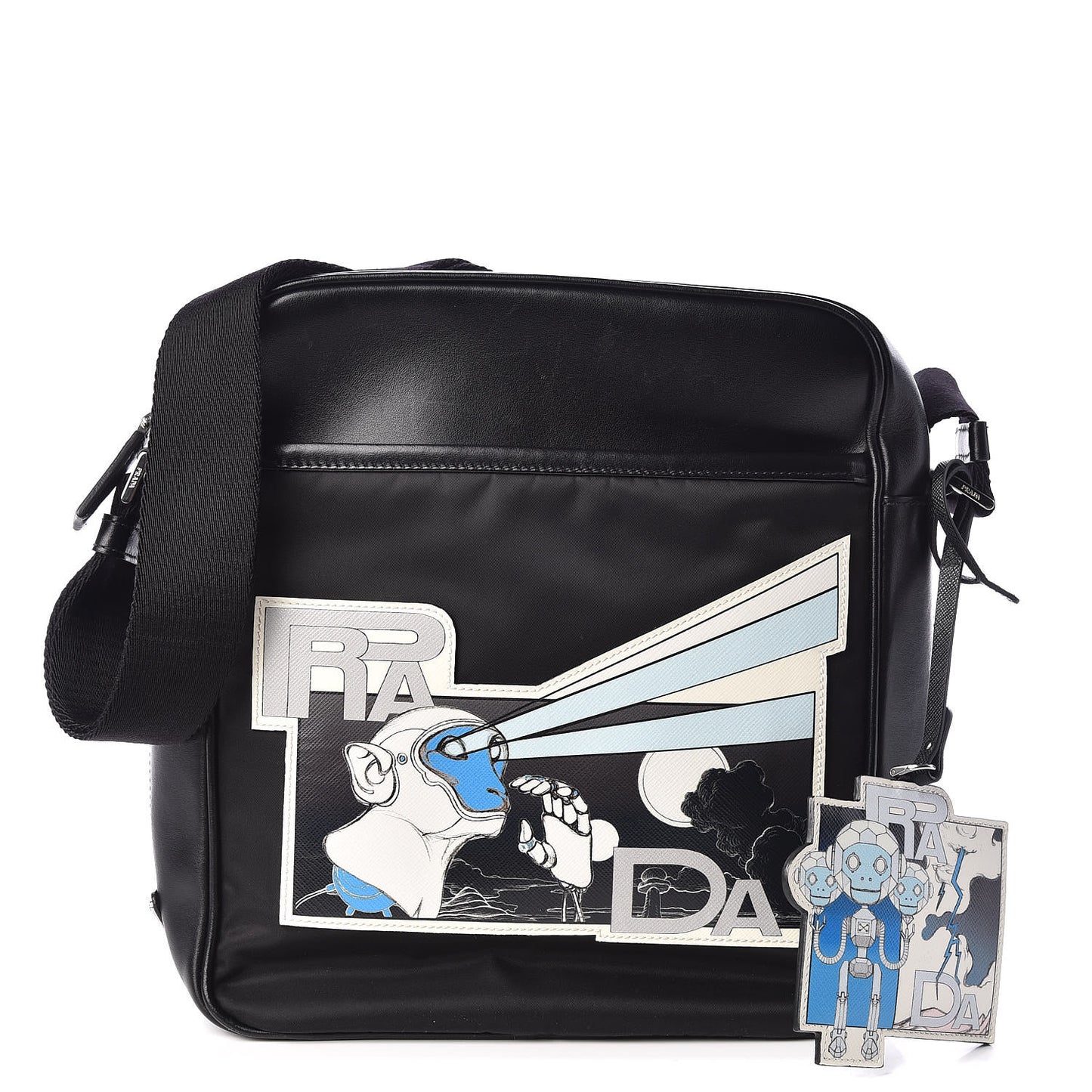 X JAMES JEAN Calfskin Nylon Robot Monkey Flat Messenger Black