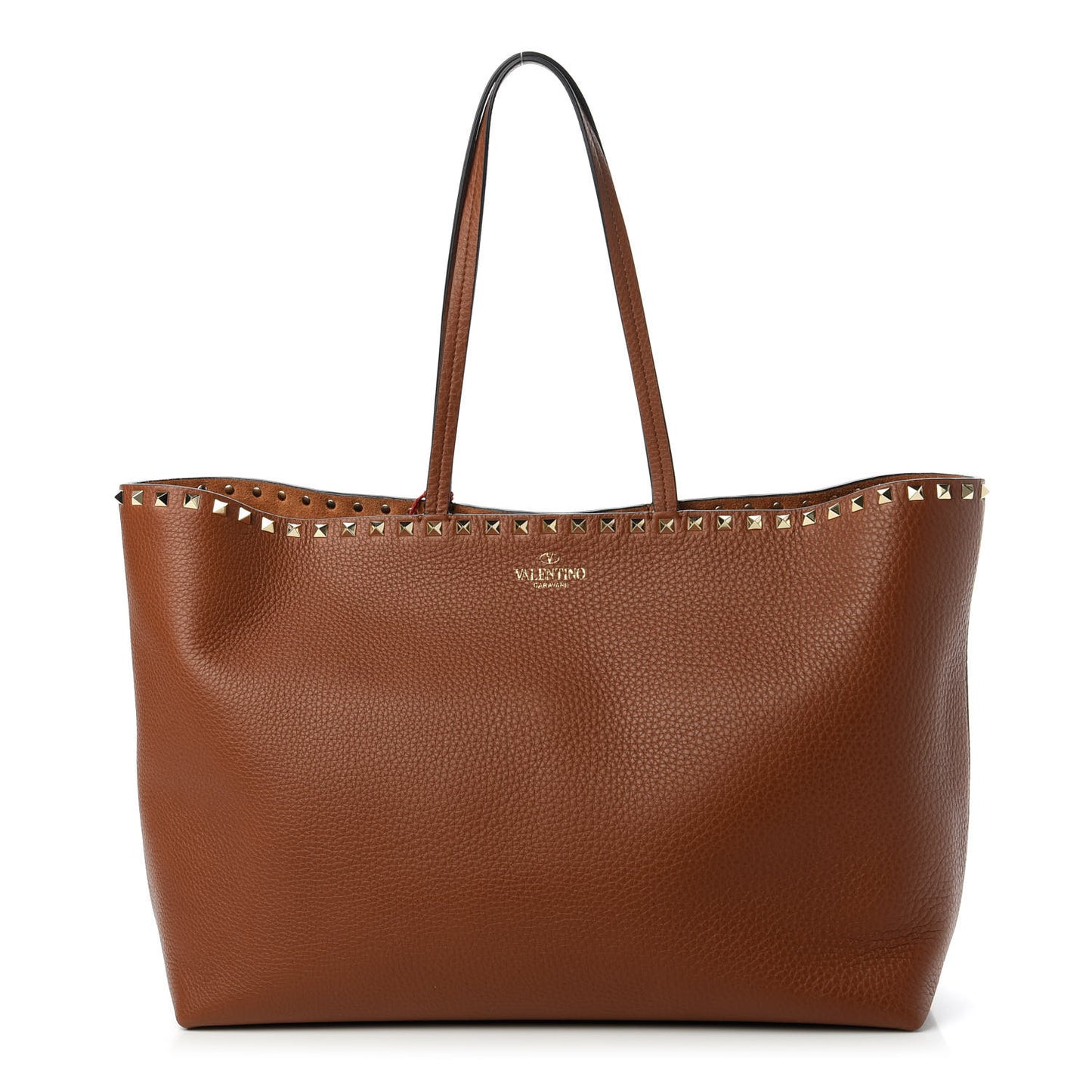 Grained Calfskin Rockstud Shoulder Tote Bright Cognac