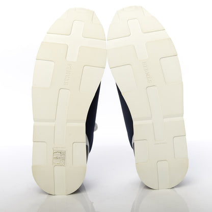 Hermes Technical Canvas Calfskin Suede Goatskin Womens Buster Sneakers 40 Marine White 5 of 10