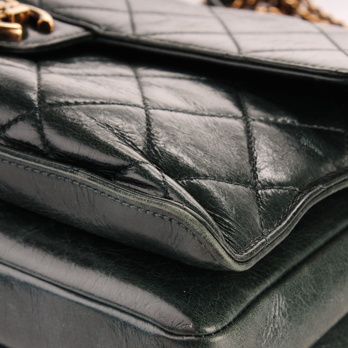 Glazed Calfskin Quilted Perfect Edge Large Flap Green