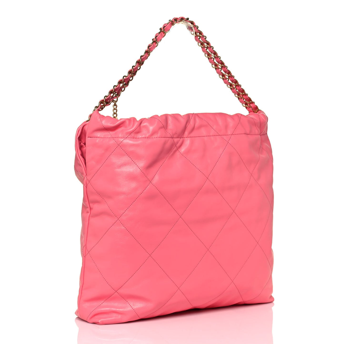 Shiny Calfskin Quilted Chanel 22 Drawstring Bag Coral Pink