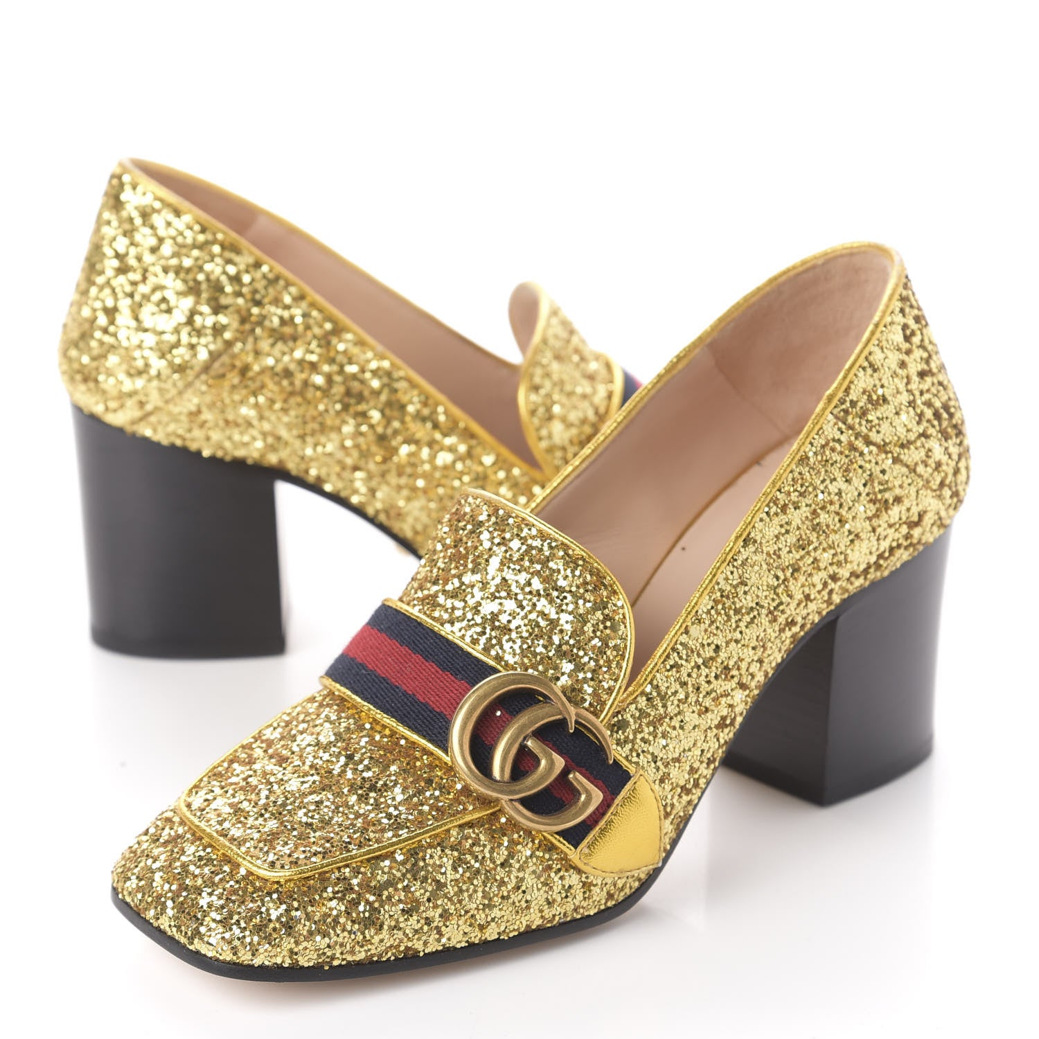 Gucci Glitter Nappa Web Peyton 75mm Loafer Pumps 37 Oro Vecchio 14 of 15