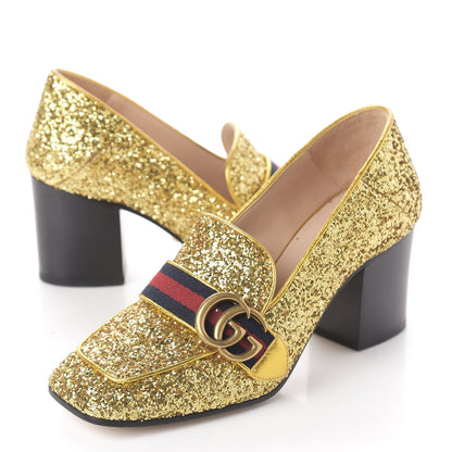 Gucci Glitter Nappa Web Peyton 75mm Loafer Pumps 37 Oro Vecchio 14 of 15
