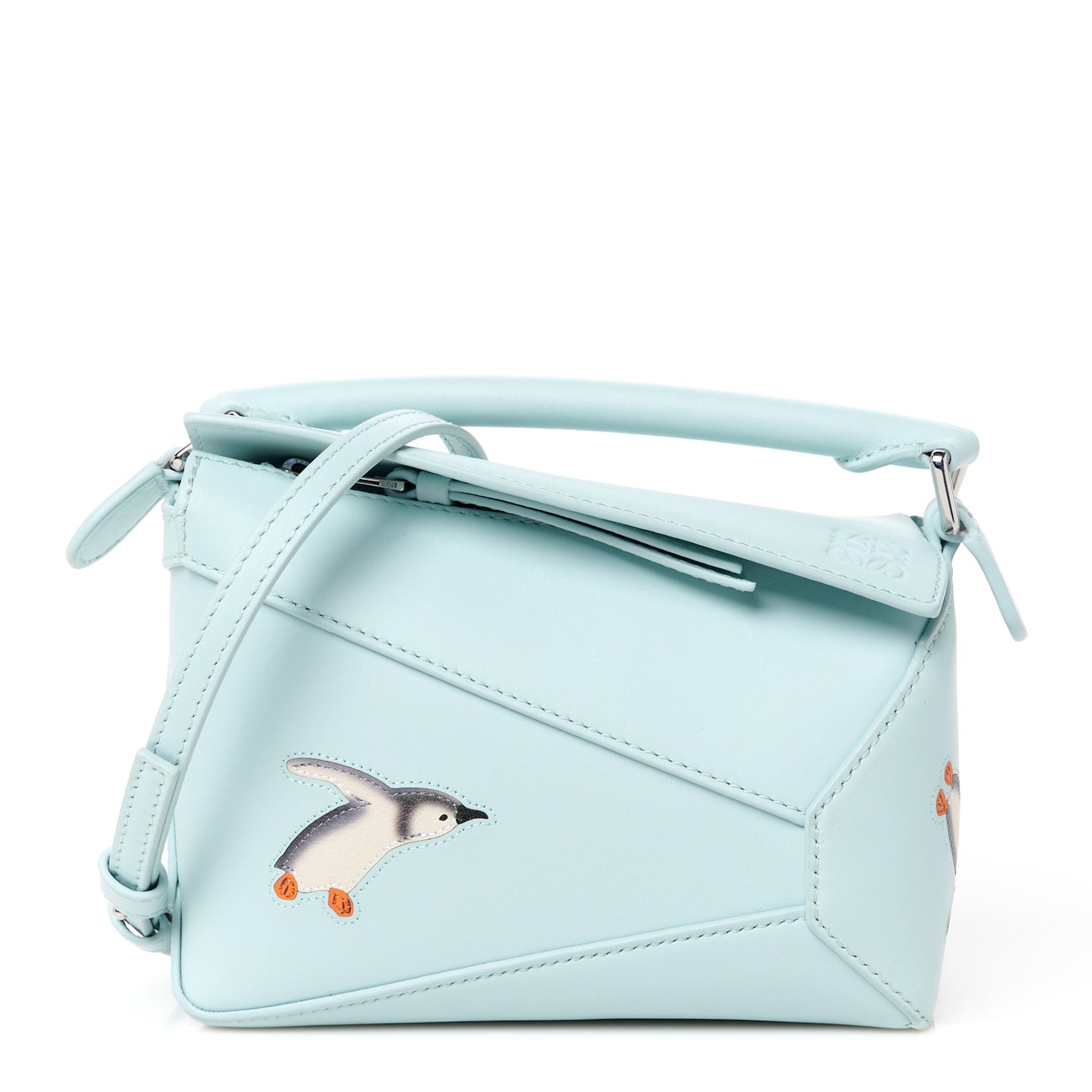 X SUNA FUJITA Shiny Calfskin Mini Penguin Puzzle Edge Bag Blue Iceberg