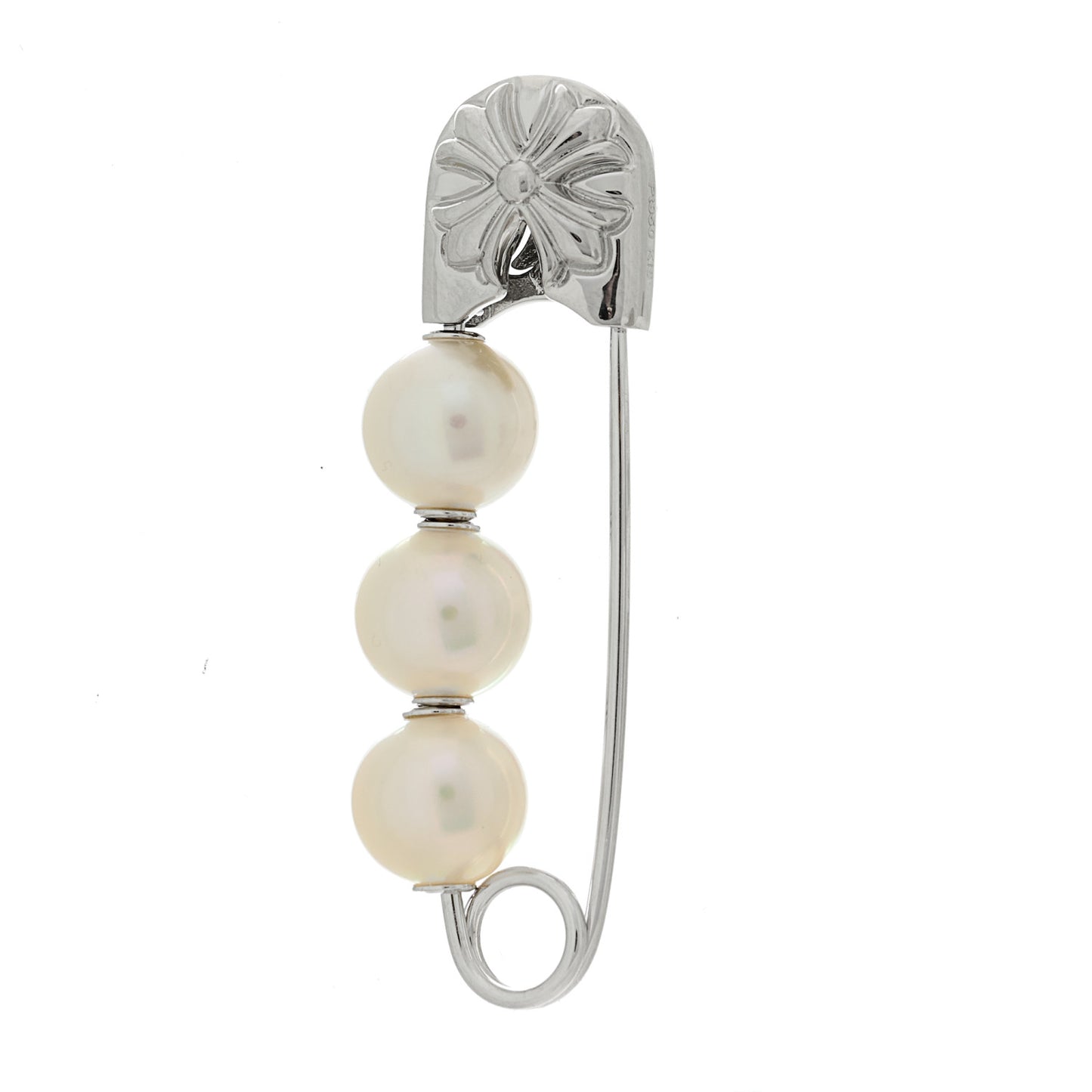 X CHROME HEARTS Platinum Diamond Akoya Cultured Pearl Safety Pin Brooch