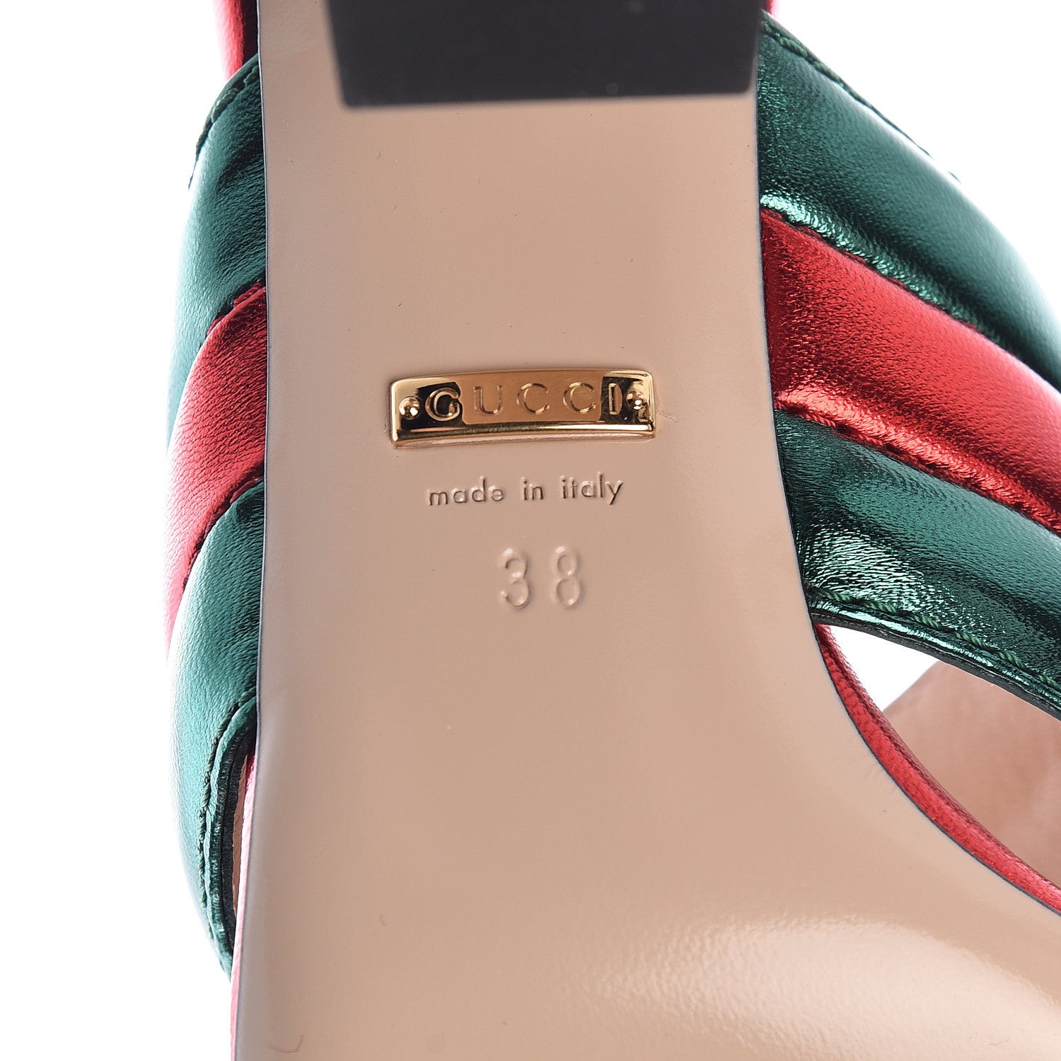 Gucci Metallic Nappa Crossover Mid Heel Slide Sandals 38 Green Flame Red 7 of 10