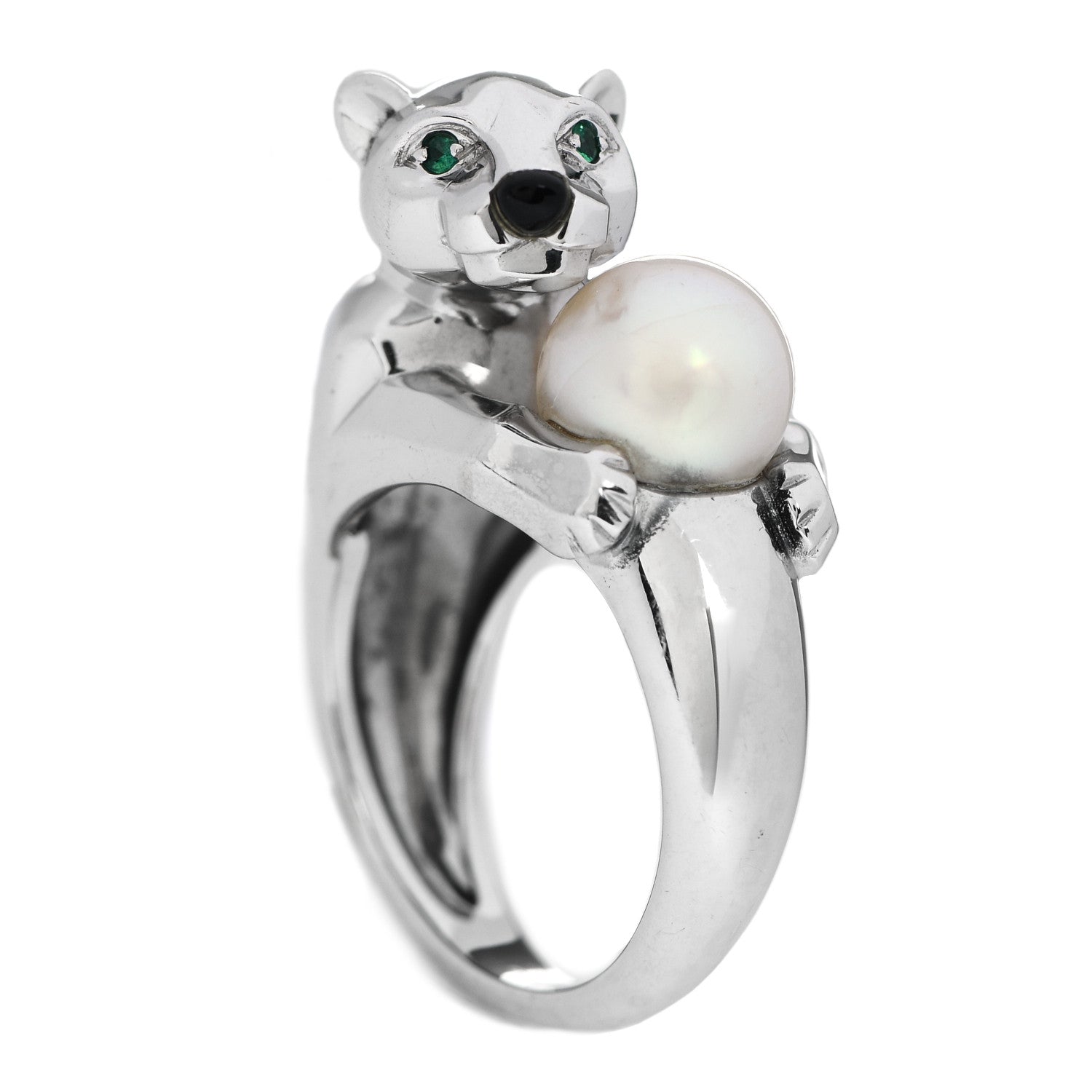 Cartier 18K White Gold Pearl Black Onyx Emerald Panthere De Cartier Ring 52 6 1 of 6
