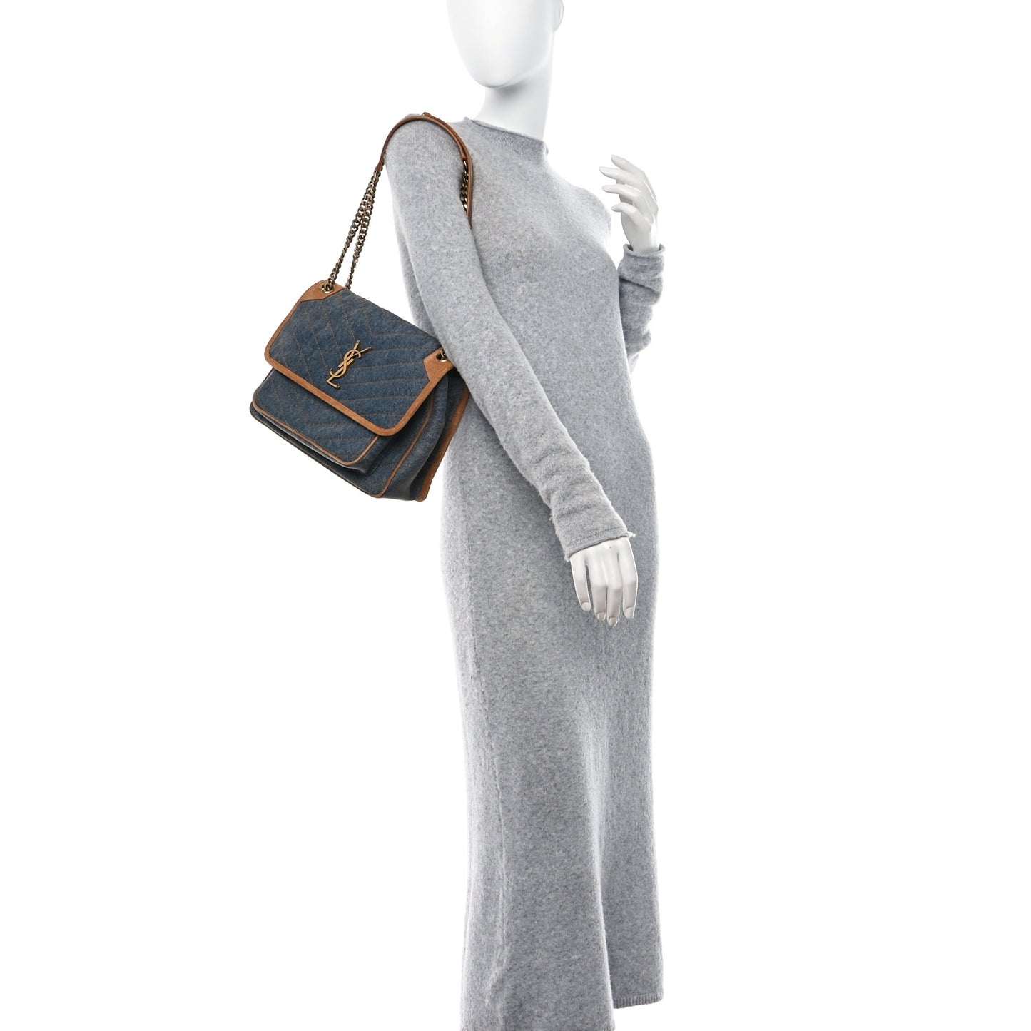 Denim Suede Monogram Medium Niki Chain Satchel Blue Cinnamon